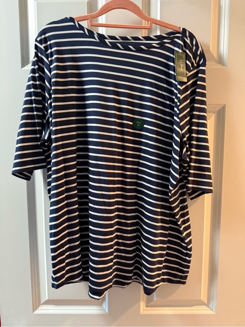 L.L. Bean Navy and White Striped Short Sleeve Tee